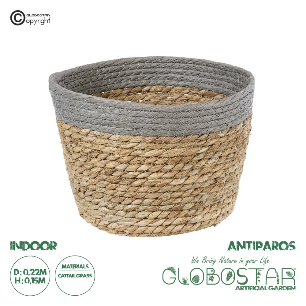 GloboStar® Artificial Garden ANTIPAROS 20289 Διακοσμητικό Πλεκτό Καλάθι - Κασπώ Γλάστρα - Flower Pot Μπεζ με Γκρι Φ22cm x Υ15cm