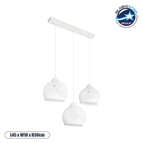 GLOBOSTAR® YASAM 203-0027 Vintage Κρεμαστό Φωτιστικό Οροφής με Ντουί 3 x E27 AC 220-240V IP20 - Λευκό - Μ45 x Π18 x Υ30cm