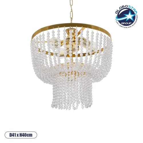 GLOBOSTAR® CRYSTAL 203-0028 Κλασικό Κρεμαστό Φωτιστικό Οροφής με Ντουί 3 x E27 AC 220-240V IP20 - Χρυσό & Διάφανο - Μ41 x Π41 x Υ40cm