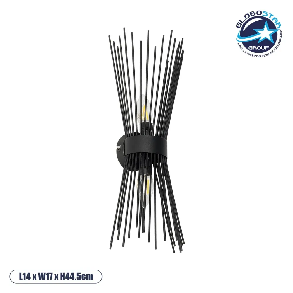 GLOBOSTAR® HORN 203-0043 Vintage Φωτιστικό Τοίχου - Απλίκα με Ντουί 2 x E14 AC 220-240V IP20 - Μαύρο - Μ14 x Π17 x Υ44.5cm
