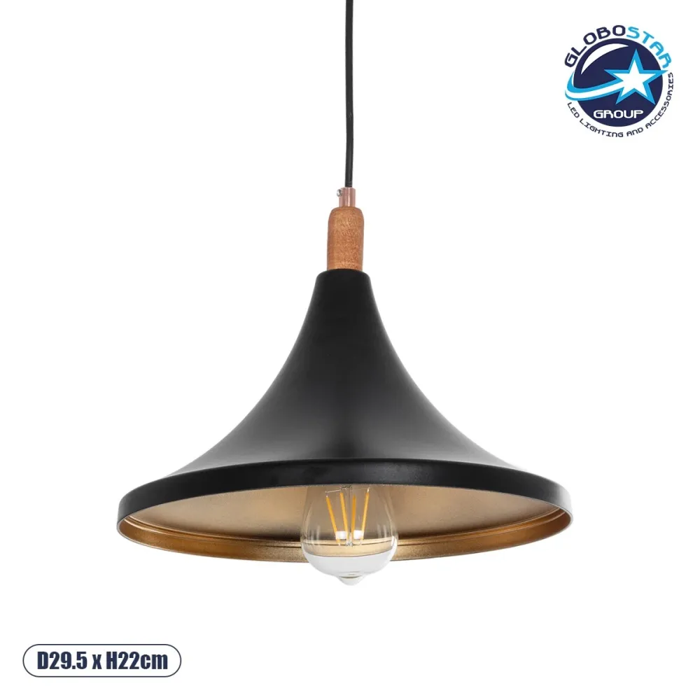 GLOBOSTAR® BELFRY 203-0077 Μοντέρνο Κρεμαστό Φωτιστικό Οροφής με Ντουί 1 x E27 AC 220-240V IP20 - Μαύρο & Χρυσό - Μ29.5 x Π29.5 x Υ22cm