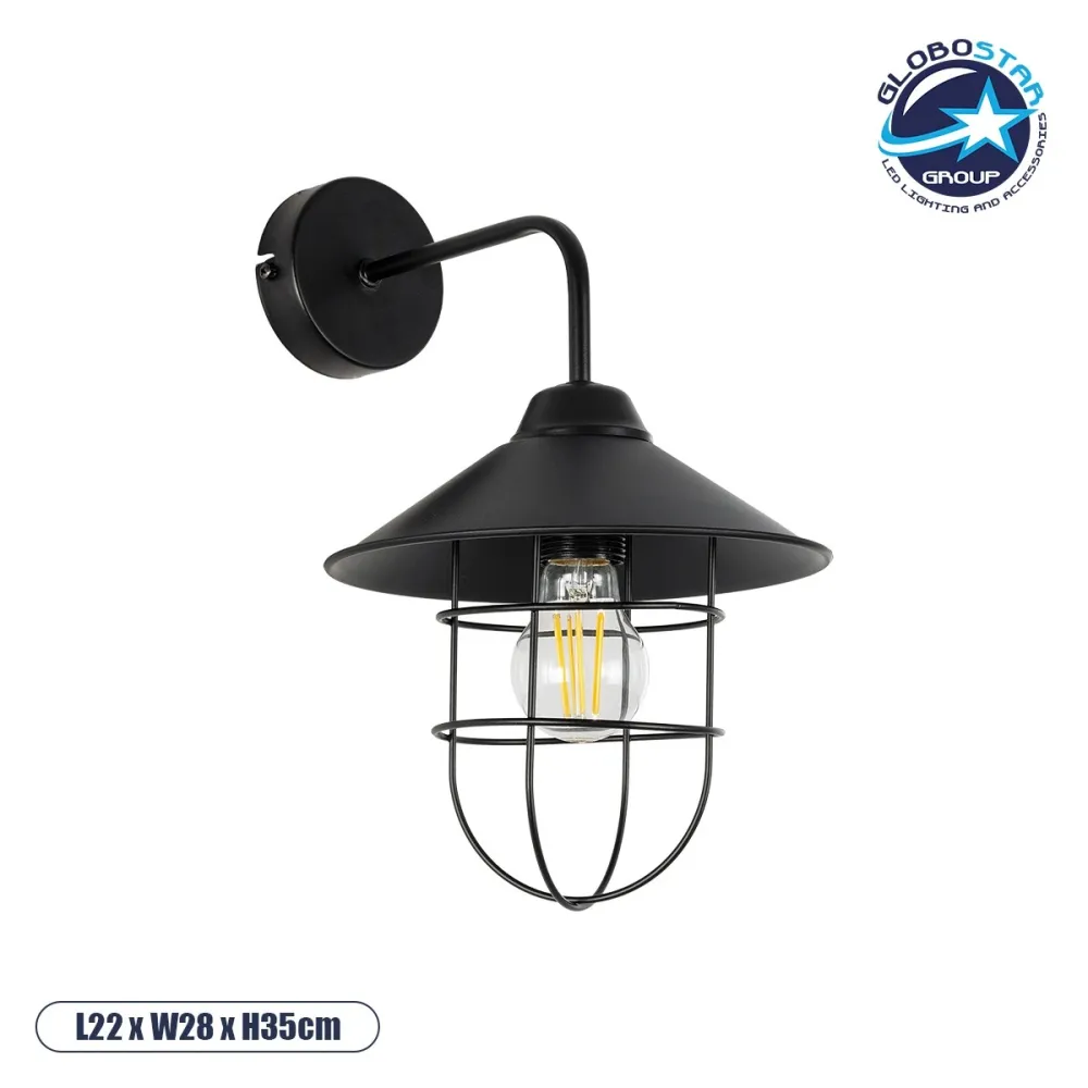GLOBOSTAR® CAGE 203-0096 Vintage Φωτιστικό Τοίχου - Απλίκα με Ντουί 1 x E27 AC 220-240V IP20 - Μαύρο - M22 x Π28 x Υ35cm