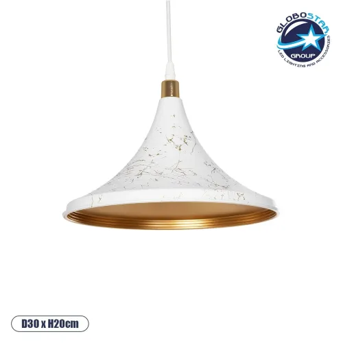 GLOBOSTAR® MARBLE 203-0098 Μοντέρνο Κρεμαστό Φωτιστικό Οροφής με Ντουί 1 x E27 AC 220-240V IP20 - Λεύκο & Χρυσό - Μ30 x Π30 x Υ20cm