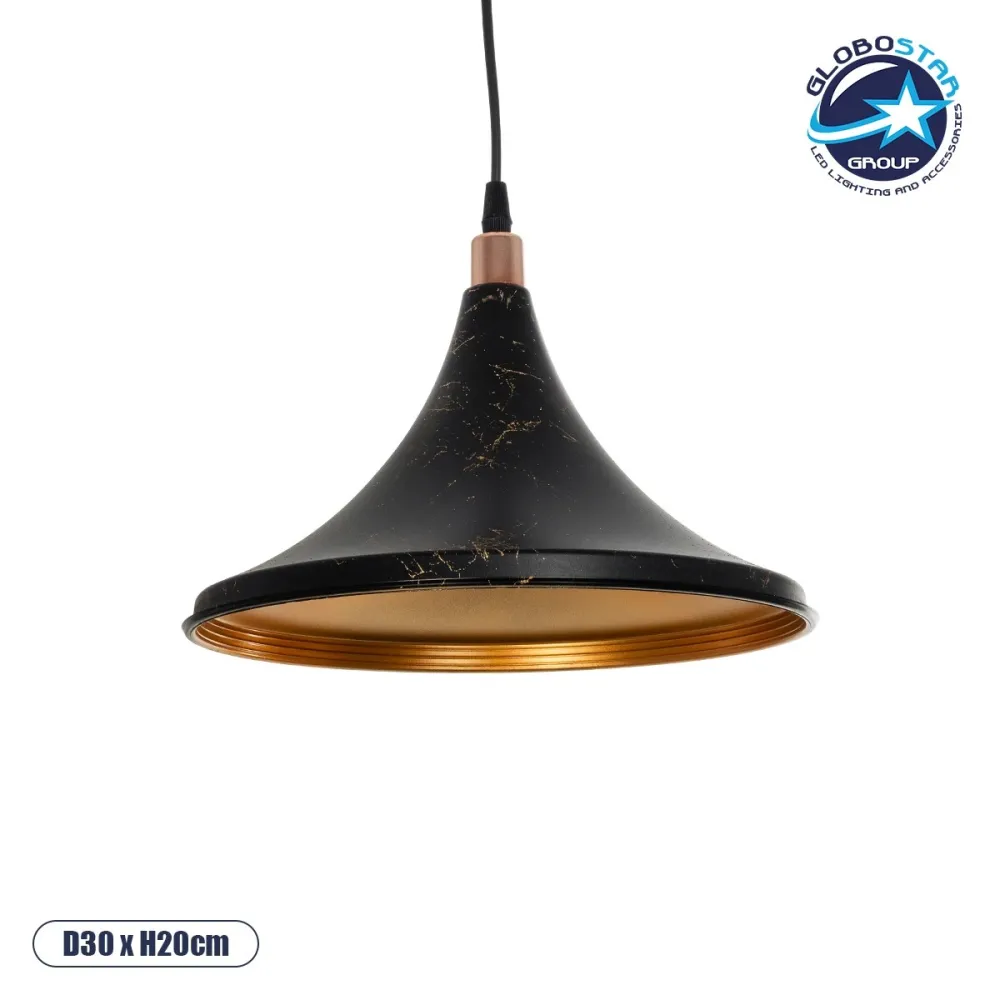 GLOBOSTAR® MARBLE 203-0099 Μοντέρνο Κρεμαστό Φωτιστικό Οροφής με Ντουί 1 x E27 AC 220-240V IP20 - Μαύρο & Χρυσό - Μ30 x Π30 x Υ20cm