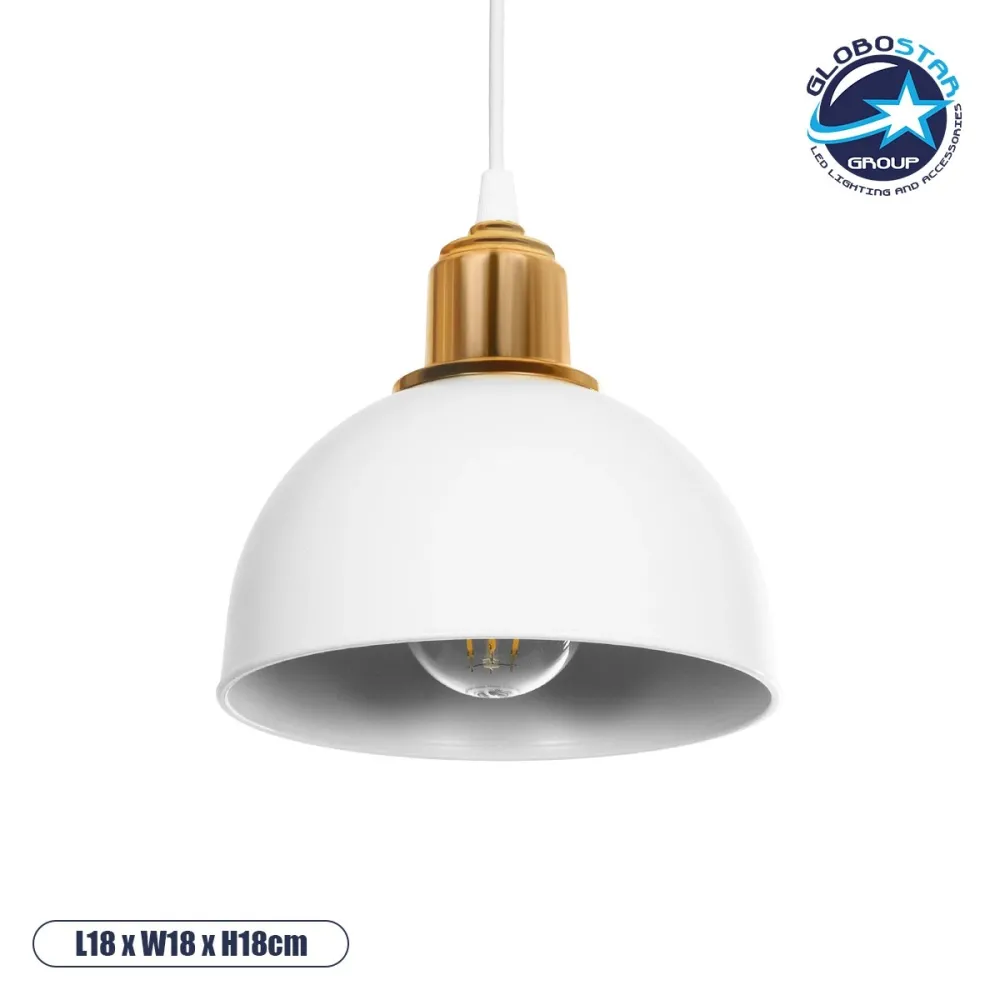 GLOBOSTAR® ΗUT 203-0147 Μοντέρνο Κρεμαστό Φωτιστικό Οροφής με Ντουί 1 x E27 AC 220-240V IP20 - Λευκό & Χρυσό - Μ18 x Π18 x Υ18cm