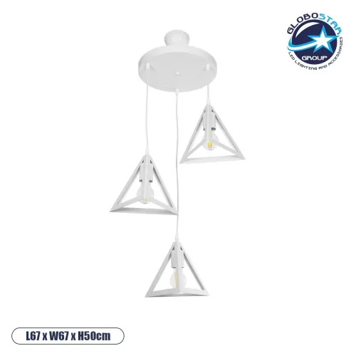 GLOBOSTAR® TRIANGLE 203-0164 Μοντέρνο Κρεμαστό Φωτιστικό Οροφής με Ντουί 3 x E27 AC 220-240V IP20 - Λευκό - Μ67 x Π67 x Υ50cm