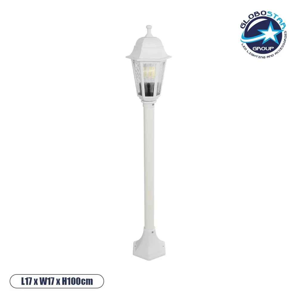 GloboStar® VITRO 203-0202 Vintage Επιδαπέδιο Φωτιστικό Κολωνάκι Κήπου  Μονόφωτο 1 x E27 IP44 Λευκό & Διάφανο Πλαστικό - Μ17 x Π17 x Υ100cm
