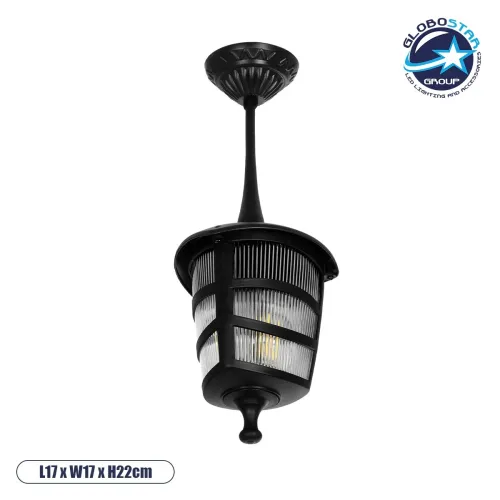 GLOBOSTAR® ZARDIN 203-0204 Vintage Φωτιστικό Οροφής με Ντουί 1 x E27 AC 220-240V IP44 - Μαύρο - Μ17 x Π17 x Υ42cm