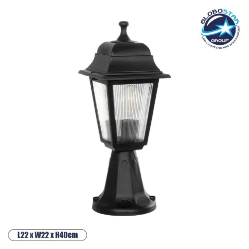 GloboStar® SOLME 203-0210 Vintage Επιδαπέδιο Φωτιστικό Φαναράκι Μονόφωτο 1 x E27 IP44 Μαύρο & Διάφανο Πλαστικό - Μ22 x Π22 x Υ40cm