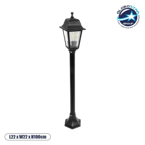 GloboStar® SOLME 203-0212 Vintage Επιδαπέδιο Φωτιστικό Κολωνάκι Κήπου Μονόφωτο 1 x E27 IP44 Μαύρο & Διάφανο Πλαστικό - Μ22 x Π22 x Υ100cm
