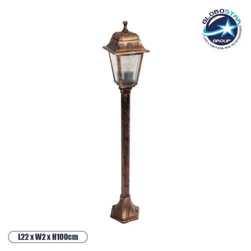 GloboStar® SOLME 203-0217 Vintage Επιδαπέδιο Φωτιστικό Κολωνάκι Κήπου Μονόφωτο 1 x E27 IP44 Χάλκινο & Διάφανο Πλαστικό - Μ22 x Π22 x Υ100cm