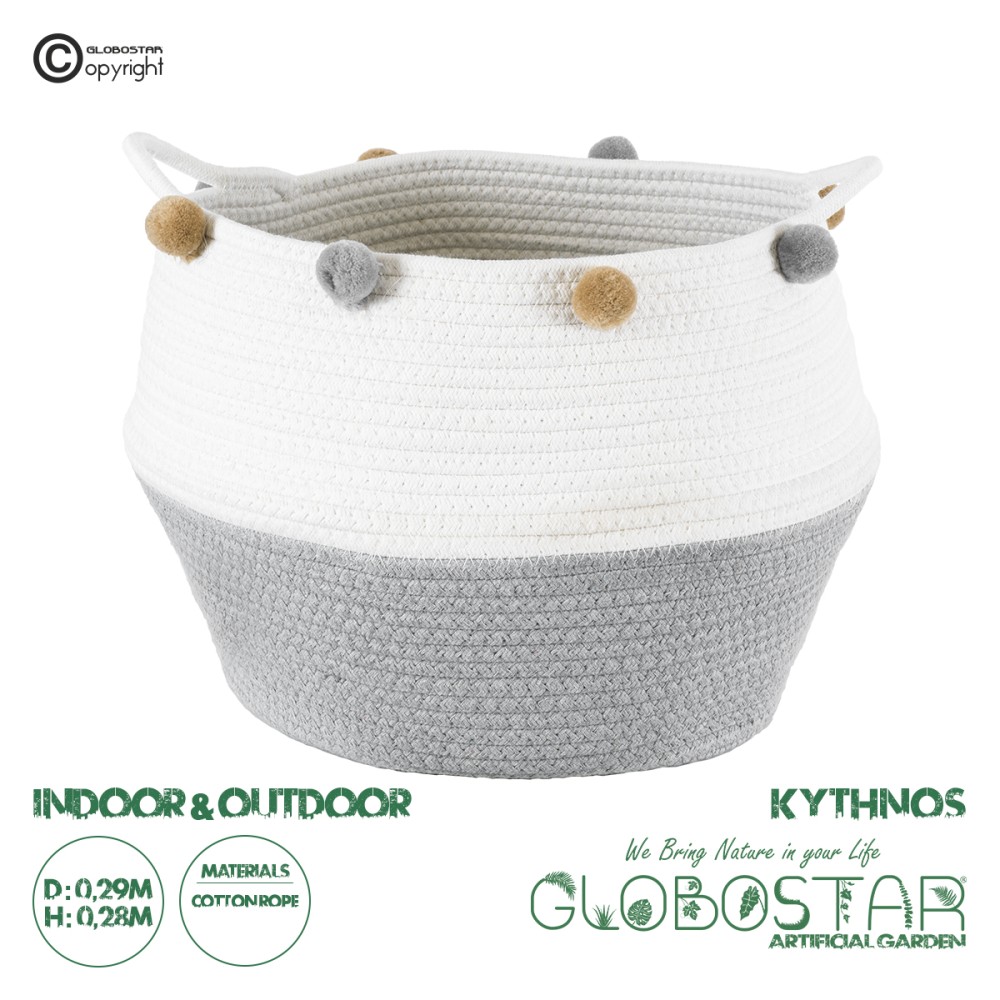 GloboStar® Artificial Garden KYTHNOS 20314 Διακοσμητικό Πλεκτό Καλάθι - Κασπώ Γλάστρα - Flower Pot Γκρι με Λευκό Φ29cm x Υ28cm