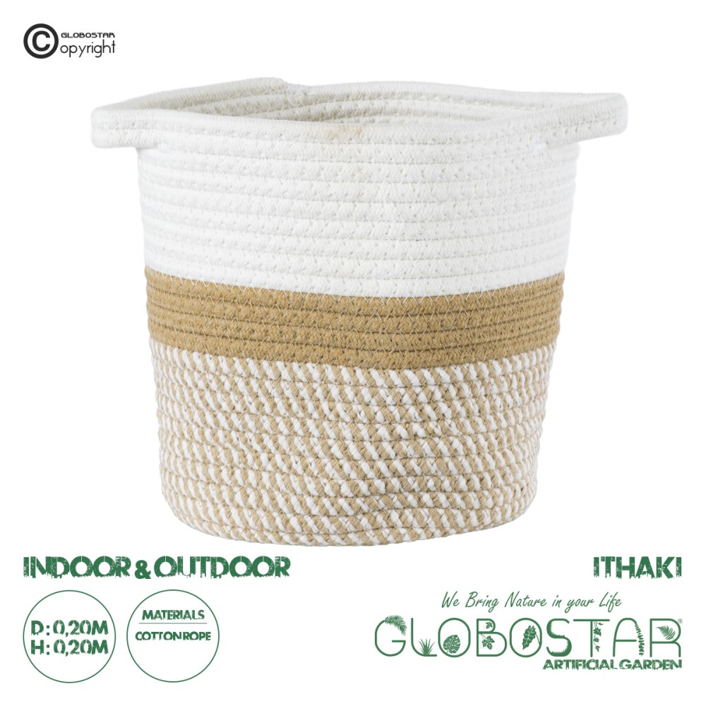 GloboStar® Artificial Garden ITHAKI 20323 Διακοσμητικό Πλεκτό Καλάθι - Κασπώ Γλάστρα - Flower Pot Καφέ με Λευκό Φ20cm x Υ20cm
