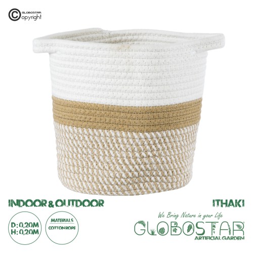 GloboStar® Artificial Garden ITHAKI 20323 Διακοσμητικό Πλεκτό Καλάθι - Κασπώ Γλάστρα - Flower Pot Καφέ με Λευκό Φ20cm x Υ20cm
