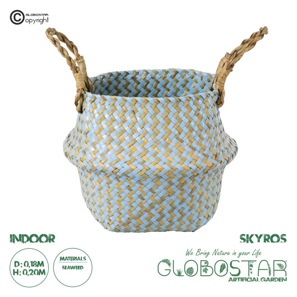 GloboStar® Artificial Garden SKYROS 20340 Διακοσμητικό Ψάθινο Καλάθι - Κασπώ Γλάστρα - Flower Pot Μπλε με Καφέ Φ18cm x Υ20cm