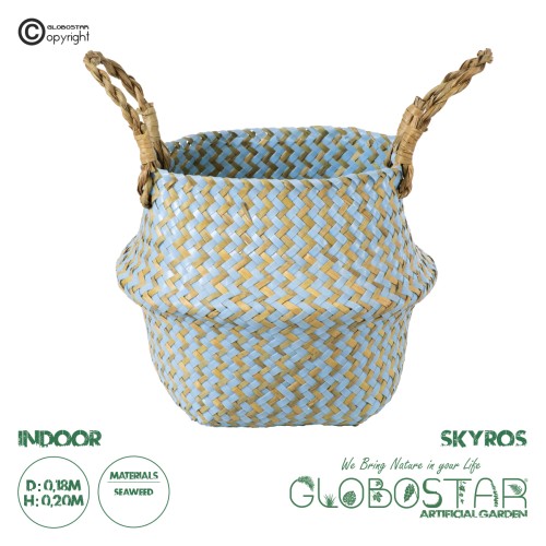 GloboStar® Artificial Garden SKYROS 20340 Διακοσμητικό Ψάθινο Καλάθι - Κασπώ Γλάστρα - Flower Pot Μπλε με Καφέ Φ18cm x Υ20cm