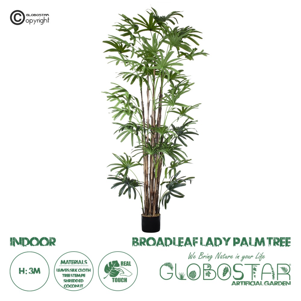 GloboStar® Artificial Garden BROADLEAF LADY PALM TREE 20384 Τεχνητό Διακοσμητικό Φυτό Πλατύφυλλος Φοίνικας Μπαμπού Υ300cm