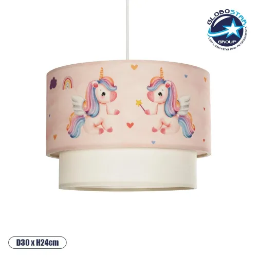 GLOBOSTAR® PONY 204-0016 Παιδικό Κρεμαστό Φωτιστικό Οροφής με Ντουί 1 x E27 AC 220-240V IP20 - Ροζ - Μ30 x Π30 x Υ24cm
