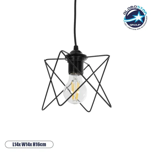 GLOBOSTAR® PATRICK 204-0109 Μοντέρνο Κρεμαστό Φωτιστικό Οροφής με Ντουί 1 x E27 AC 220-240V IP20 - Μαύρο - Μ14 x Π14 x Υ16cm