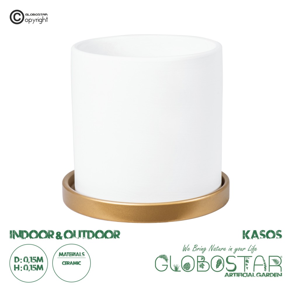 GloboStar® Artificial Garden KASOS 20444 Πήλινο Κεραμικό Κασπώ Γλάστρα - Flower Pot Λευκό με Χρυσό Φ15cm x Υ15cm