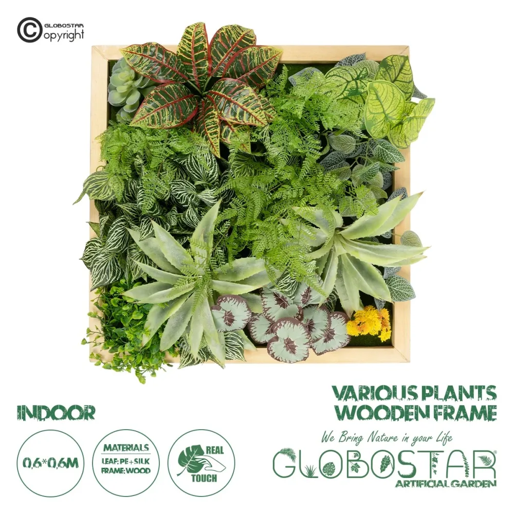 GloboStar® Artificial Garden VARIOUS PLANT 20641 Τεχνητό Διακοσμητικό Φυλλωσιάς σε Ξύλινο Πάνελ - Κάθετος Κήπος Μιξ Μ60 x Π60 x Υ32cm