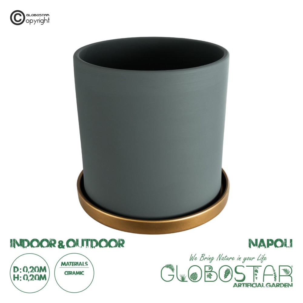 GloboStar® Artificial Garden NAPOLI 20495 Διακοσμητικό Κεραμικό Κασπώ Γλάστρα - Flower Pot Γκρι Πράσινο με Χρυσό Φ20 x Υ20cm
