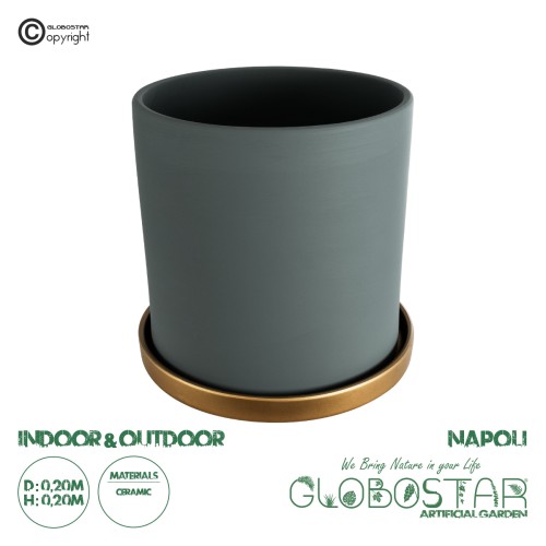 GloboStar® Artificial Garden NAPOLI 20495 Διακοσμητικό Κεραμικό Κασπώ Γλάστρα - Flower Pot Γκρι Πράσινο με Χρυσό Φ20 x Υ20cm