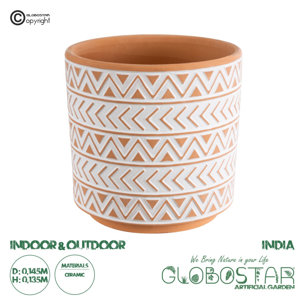 GloboStar® Artificial Garden INDIA 20497 Διακοσμητικό Κεραμικό Κασπώ Γλάστρα - Flower Pot Λευκό με Πορτοκαλί Φ14.5 x Υ13.5cm