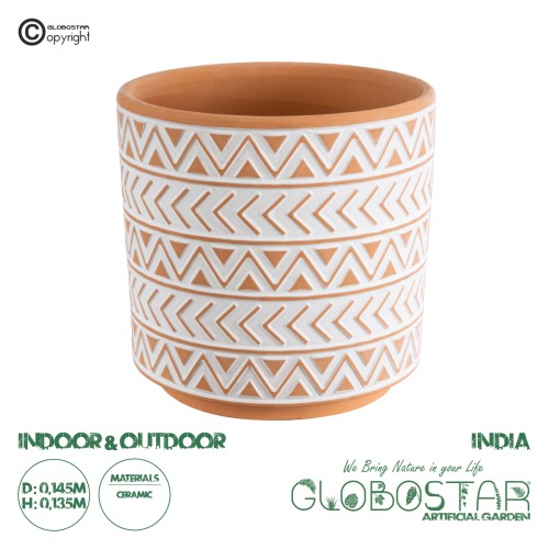 GloboStar® Artificial Garden INDIA 20497 Διακοσμητικό Κεραμικό Κασπώ Γλάστρα - Flower Pot Λευκό με Πορτοκαλί Φ14.5 x Υ13.5cm