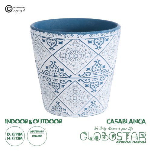 GloboStar® Artificial Garden CASABLANCA 20517 Διακοσμητικό Κεραμικό Κασπώ Γλάστρα - Flower Pot Λευκό με Μπλε Φ14 x Υ13cm