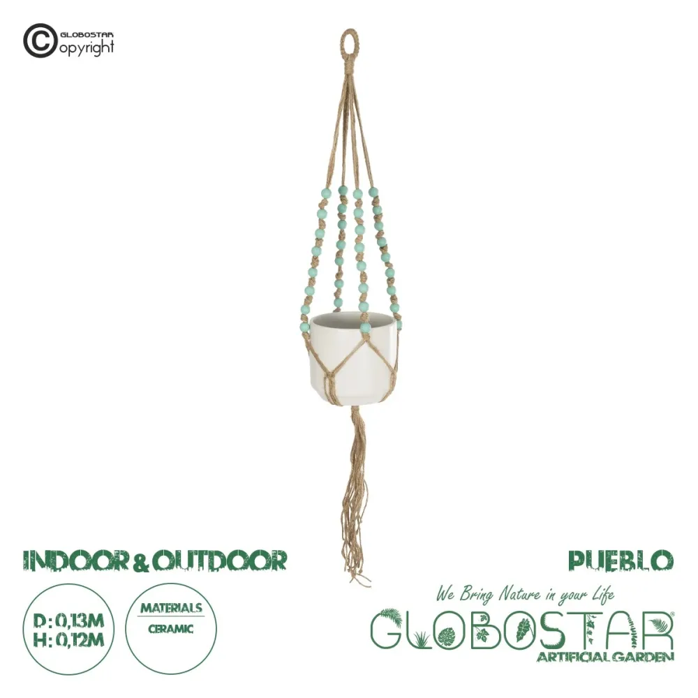 GloboStar® Artificial Garden PUEBLO 20532 Διακοσμητική Κεραμική Γλάστρα Λευκή με Μακραμέ Μ13 x Π13 x Υ12 cm