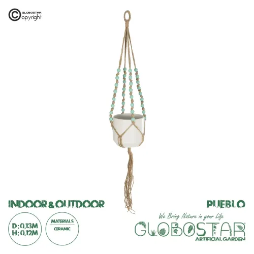 GloboStar® Artificial Garden PUEBLO 20532 Διακοσμητική Κεραμική Γλάστρα Λευκή με Μακραμέ Μ13 x Π13 x Υ12 cm
