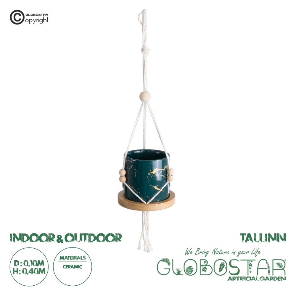 GloboStar® Artificial Garden TALLINN 20546 Κρεμαστό Διακοσμητικό Κεραμικό Κασπώ Γλάστρα - Flower Pot Πράσινο με Χρυσές Λεπτομέρειες και Μπεζ Ξύλινη Βάση Φ10 x Υ40cm