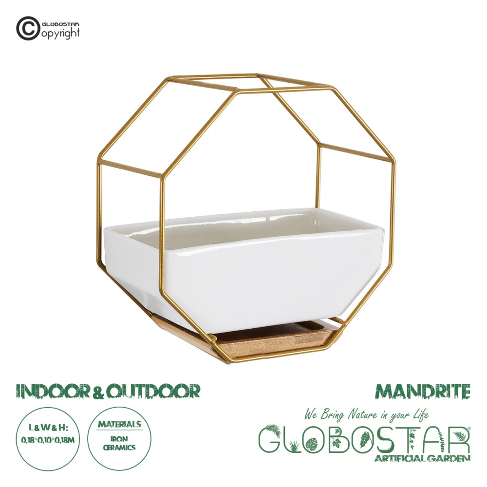 GloboStar® Artificial Garden MANDRITE 20556 Διακοσμητικό Κεραμικό Κασπώ Γλάστρα - Flower Pot Λευκό με Χρυσό Μεταλλικό Πλέγμα και Καφέ Ξύλινη Βάση Μ18 x Π10 x Υ18cm