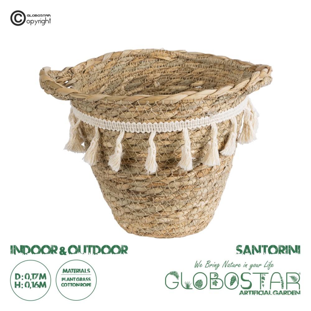 GloboStar® Artificial Garden SANTORINI 20572 Διακοσμητικό Πλεκτό Κασπώ Γλάστρα - Flower Pot Μπεζ με Λευκό Φ17 x Υ16cm