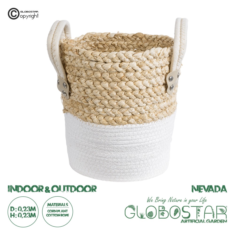GloboStar® Artificial Garden NEVADA 20575 Διακοσμητικό Πλεκτό Κασπώ Γλάστρα - Flower Pot Μπεζ με Λευκό Φ23 x Υ23cm