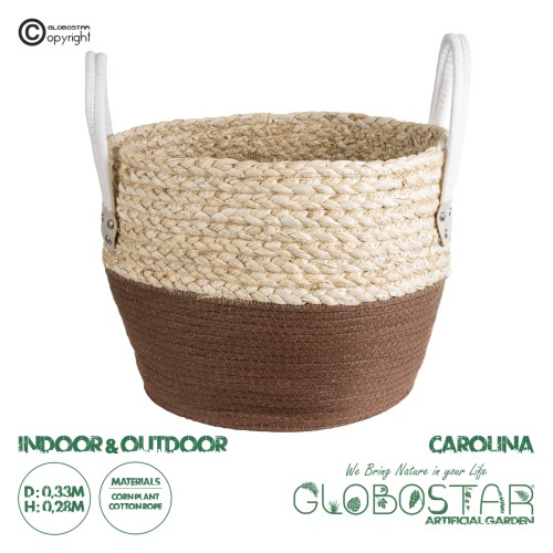 GloboStar® Artificial Garden CAROLINA 20580 Διακοσμητικό Πλεκτό Κασπώ Γλάστρα - Flower Pot Μπεζ με Καφέ και Λευκό Φ33 x Υ28cm
