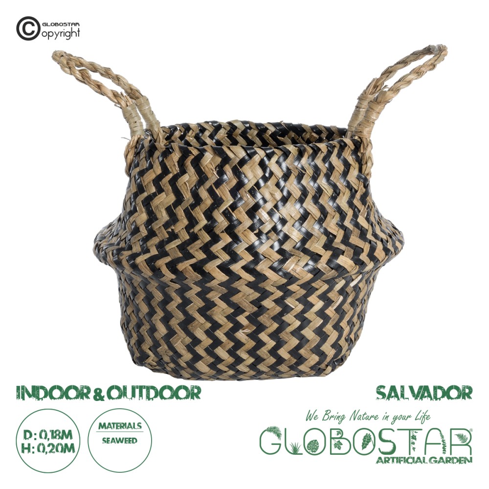 GloboStar® Artificial Garden SALVADOR 20588 Διακοσμητικό Πλεκτό Καλάθι - Κασπώ Γλάστρα - Flower Pot Καφέ με Μαύρο Φ18 x Υ20cm