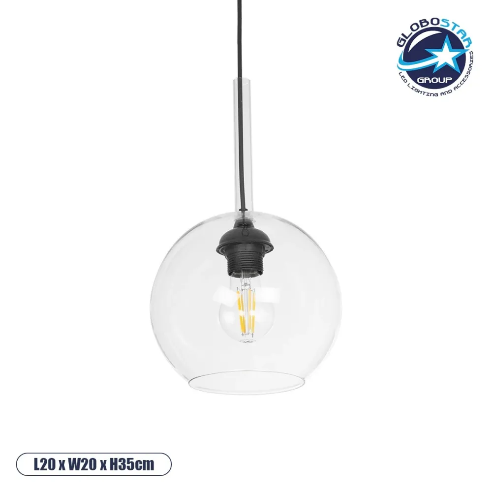 GLOBOSTAR® BALU 206-0038 Μοντέρνο Κρεμαστό Φωτιστικό Οροφής με Ντουί 1 x E27 AC 220-240V IP20 - Διάφανο - Μ20 x Π20 x Υ18cm