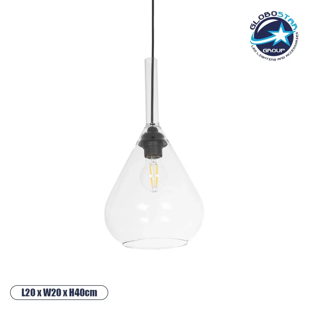 GLOBOSTAR® BALU 206-0043 Μοντέρνο Κρεμαστό Φωτιστικό Οροφής με Ντουί 1 x E27 AC 220-240V IP20 - Διάφανο - Μ20 x Π20 x Υ42cm