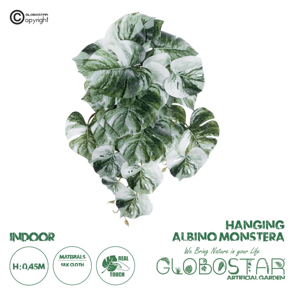 GloboStar® Artificial Garden ALBINO MONSTERA HANGING PLANT 20609 - Τεχνητό Διακοσμητικό Κρεμαστό Φυτό Μονστέρα Υ45cm