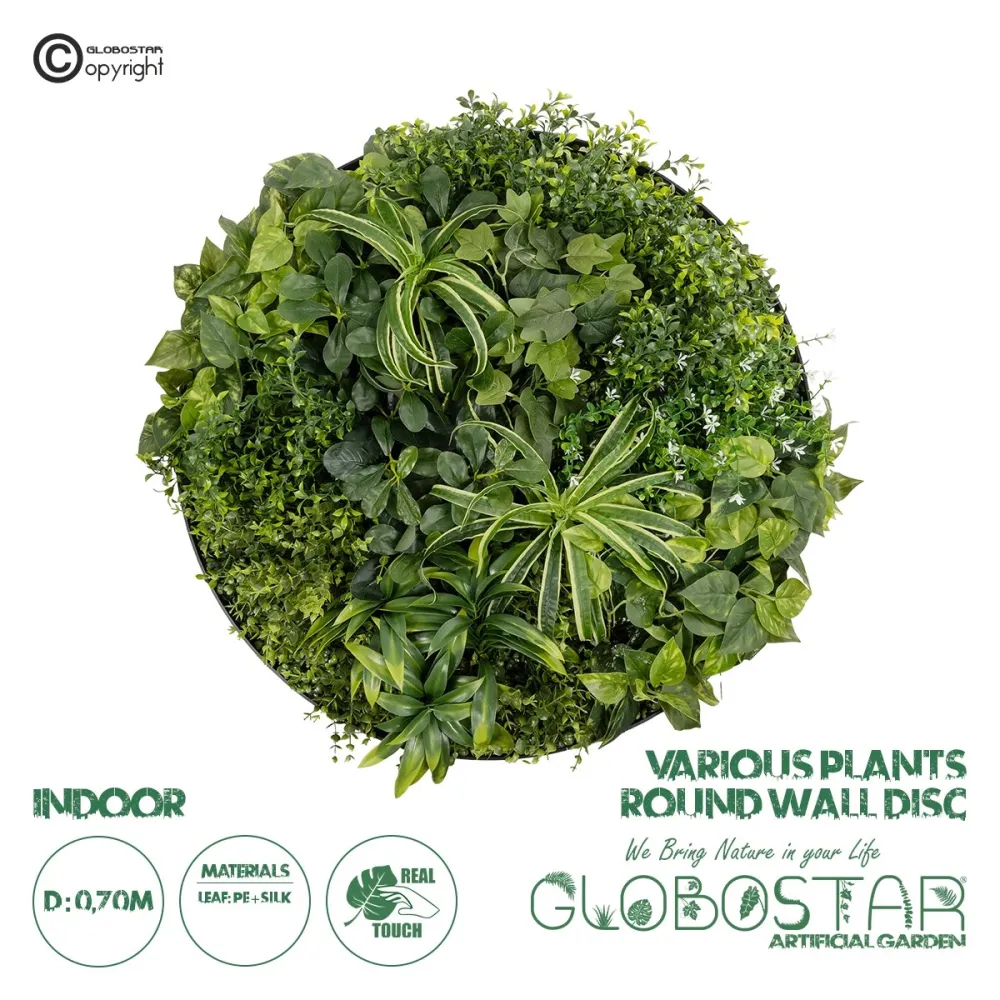 GloboStar® Artificial Garden VARIOUS PLANTS ROUND WALL DISC 20689 Τεχνητό Διακοσμητικό Στρογγυλό Πάνελ Φυλλωσιάς - Κάθετος Κήπος Μιξ Μ70 x Π70 x Υ15cm