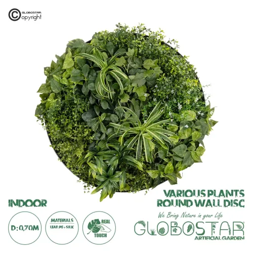 GloboStar® Artificial Garden VARIOUS PLANTS ROUND WALL DISC 20689 Τεχνητό Διακοσμητικό Στρογγυλό Πάνελ Φυλλωσιάς - Κάθετος Κήπος Μιξ Μ70 x Π70 x Υ15cm
