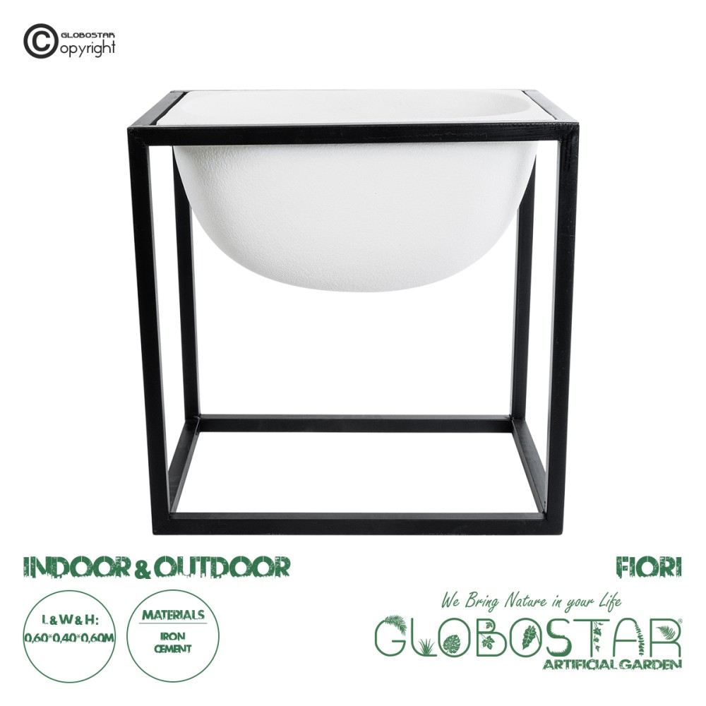 GloboStar® Artificial Garden FIORI 20754 Επιδαπέδιο Μεταλλικό Τσιμεντένιο Κασπώ Γλάστρα - Flower Pot Λευκό με Μαύρο Μ60 x Π40 x Υ60cm