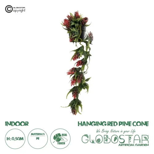 GloboStar® Artificial Garden HANGING RED PINE CONE 20869 Τεχνητό Κρεμαστό Διακοσμητικό Φυτό Κόκκινο Κουκουνάρι Μ17 x Π17 x Υ50cm