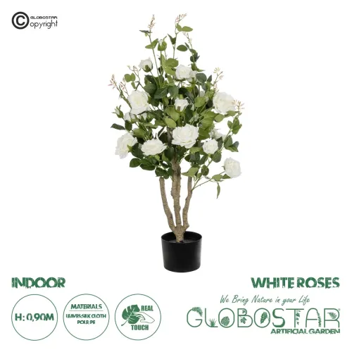 GloboStar® Artificial Garden WHITE ROSES 21069 Τεχνητό Διακοσμητικό ΦυτόΤριανταφυλλιά Μ50 x Π50 x Υ90cm
