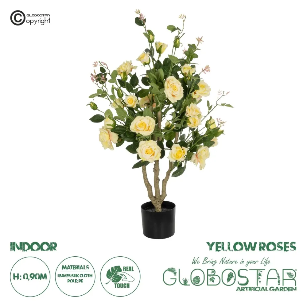GloboStar® Artificial Garden YELLOW ROSES 21073 Τεχνητό Διακοσμητικό Φυτό Τριανταφυλλιά Μ50 x Π50 x Υ90cm