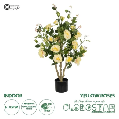 GloboStar® Artificial Garden YELLOW ROSES 21073 Τεχνητό Διακοσμητικό Φυτό Τριανταφυλλιά Μ50 x Π50 x Υ90cm