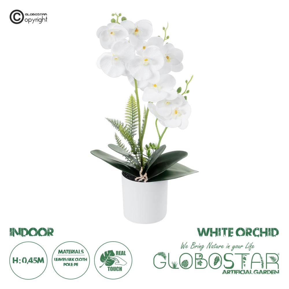 GloboStar® Artificial Garden WHITE ORCHID 21076 Διακοσμητικό Φυτό Λευκή Ορχιδέα Υ45cm