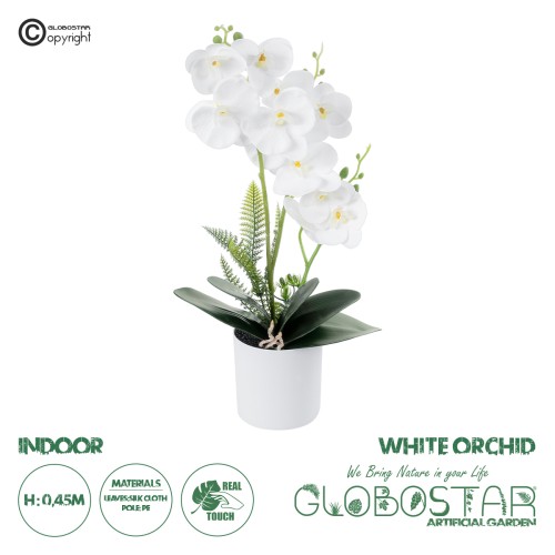 GloboStar® Artificial Garden WHITE ORCHID 21076 Διακοσμητικό Φυτό Λευκή Ορχιδέα Υ45cm